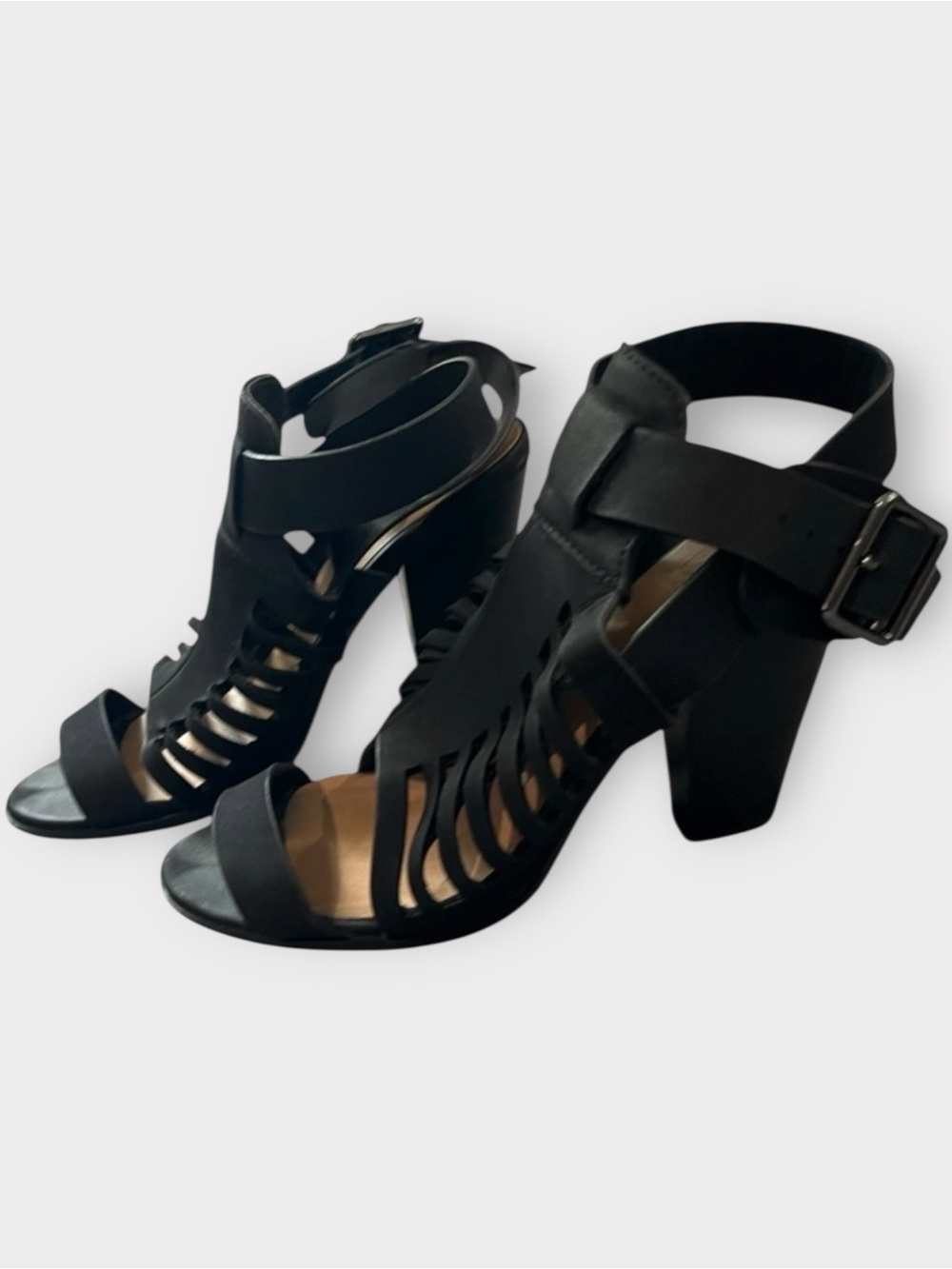 Black Strappy Block Heel Sandals Ankle Buckle Size | 6.5